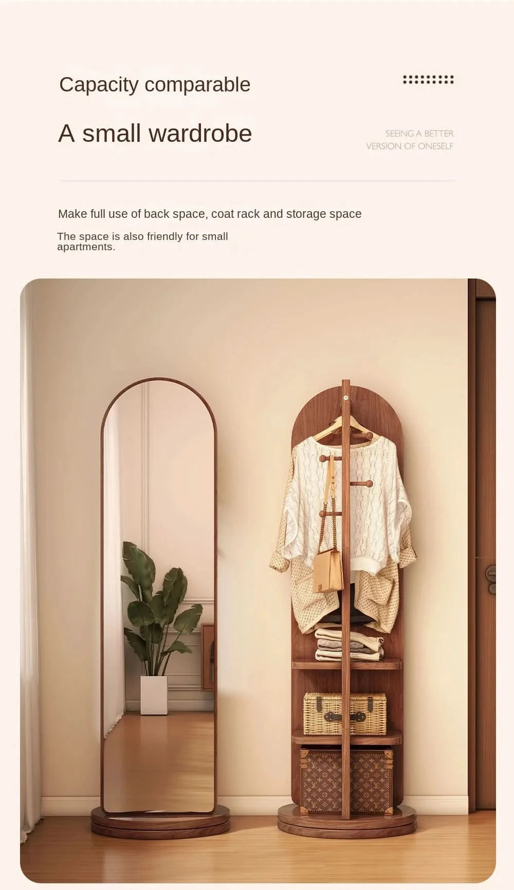 Full-length mirror with coat rack, rotating floor mirror, home bedroom dressing mirror, fitting mirror, multi-function mirror