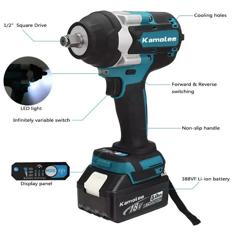 【1800N.m】Kamolee DTW700 Electric Impact Wrench 1800 N.m High Torque 1/2 Inch Automobile maintenance