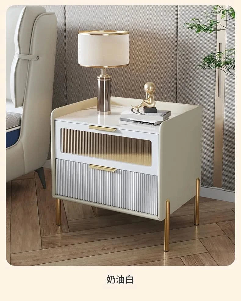 Bedside Table,Modern Light Luxury, Solid Wood Italian Simple Storage, Ultra-narrow Bed Leather Smart Side Cabinet Bedroom