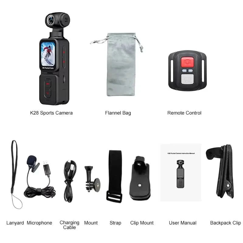 K28 5K Ultra Clear Handheld Action Camera 1.69-inch Face Recognition Automatic 270°Rotating Lens Follow Shot Sports Thumb Camera
