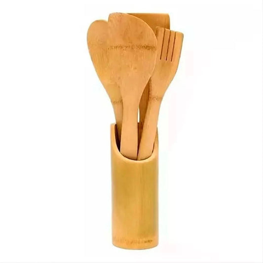 4 Pieces Bamboo Spatulas with Cup Utensils Set