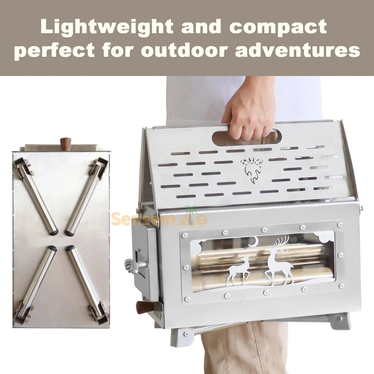 Camping Wood Stove Fire View Side Glass Portable Folding Wood Burner with Chimney Stainless Steel Tent Heater for Ice Fishing