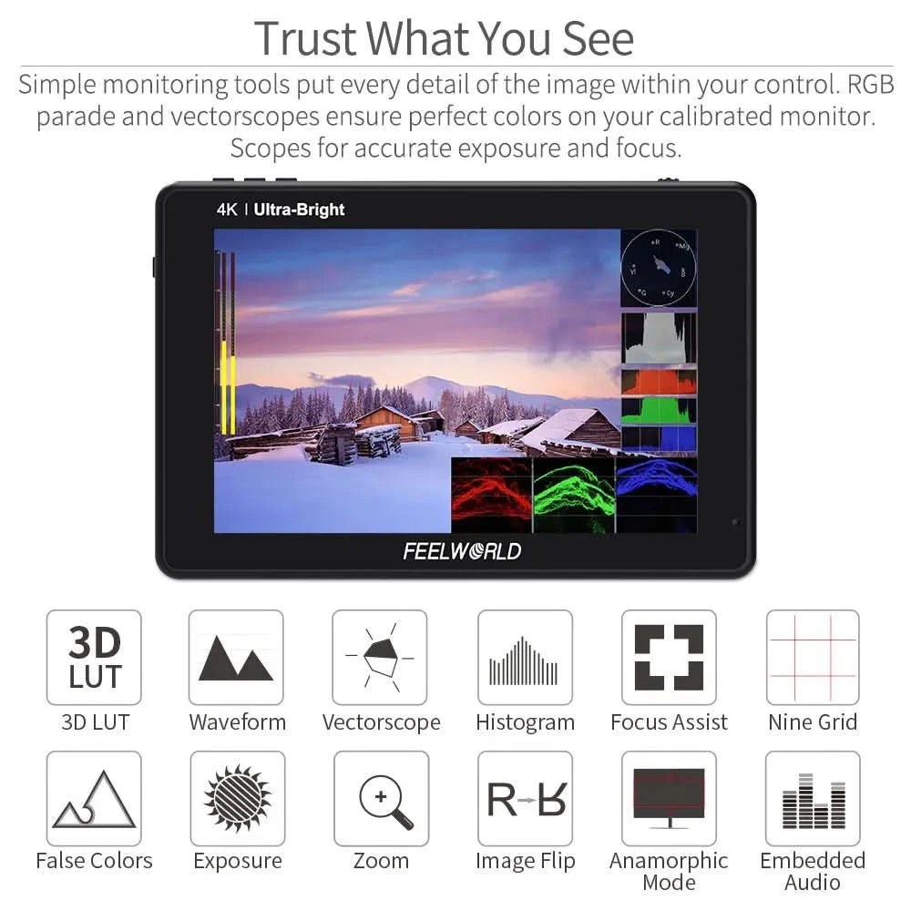 FEELWORLD LUT7 7 Inch 2200nits Touchscreen Camera Field Monitor with 3D LUT HDMI Input Output Waveform VectorScope Histogram