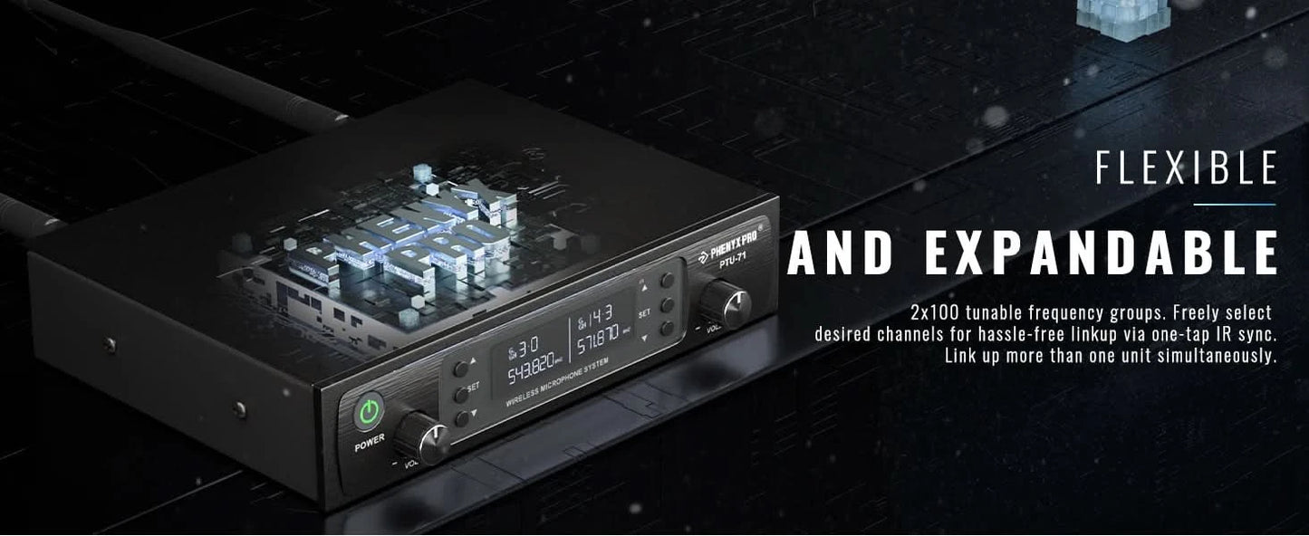 Phenyx Pro UHF Profeesional Adjustable Dual Wireless Microphone System for Stage Performances Sturdy Metal Build 100M PTU71