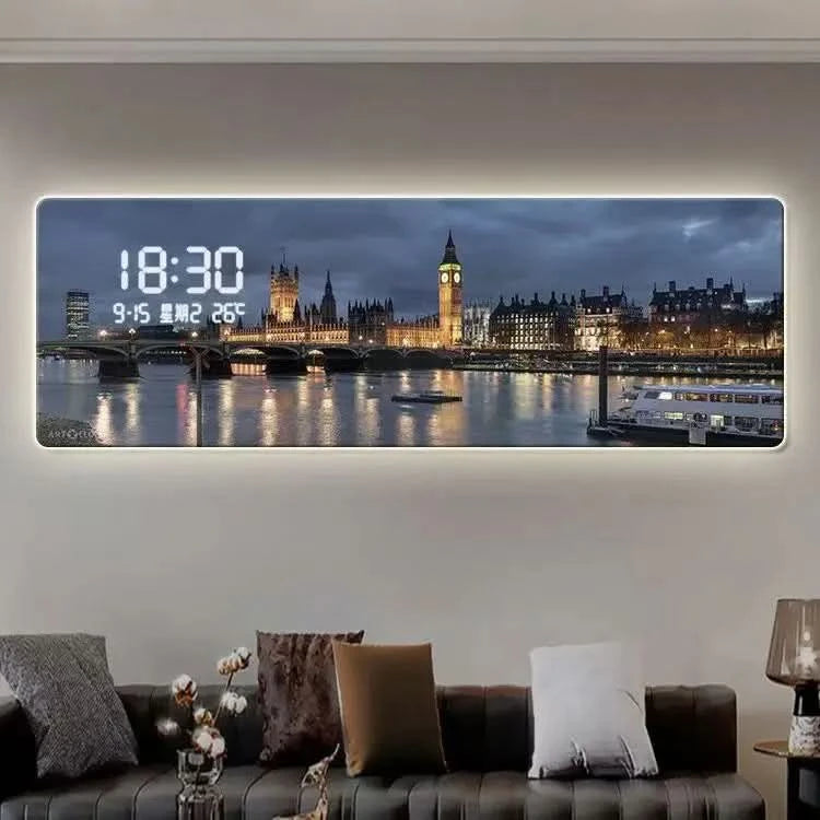 Modern Urban Night Scene Bedroom Bed Head Hanging Art Electronic Clock Landscape Architecture Living Room Sofa Background Wall D