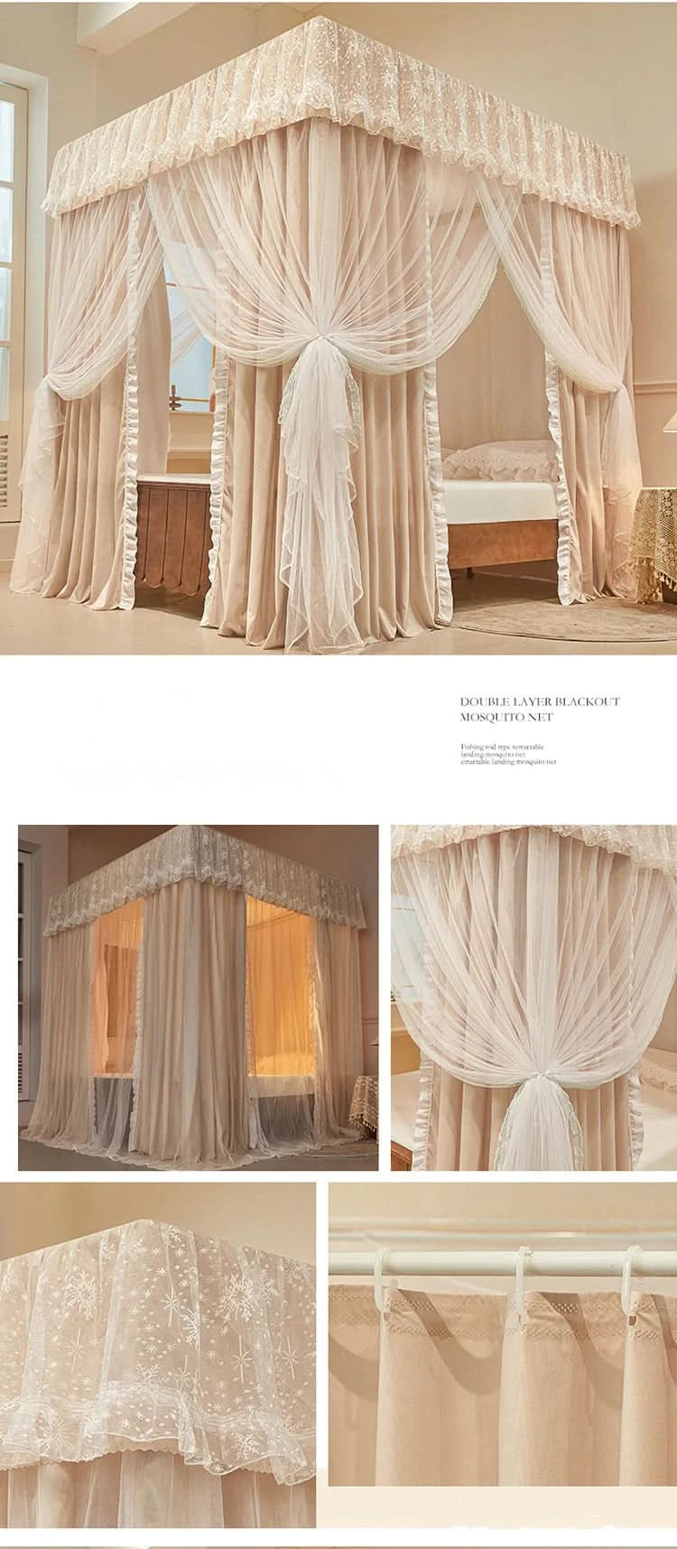 Four Season Bed Curtain Canopy for Girl Room Palace Mosquito Net with Frame Romantic Shading Three-door Bedcover Decor