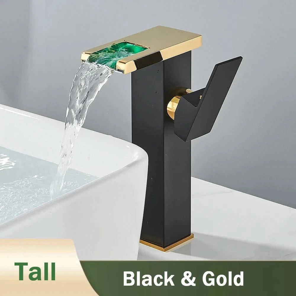 Rozin LED Bathroom Basin Faucet Black Waterfall Sink Faucets Hydroelectric LED Deck Mounted Crane Hot Cold Water Mixer Tap
