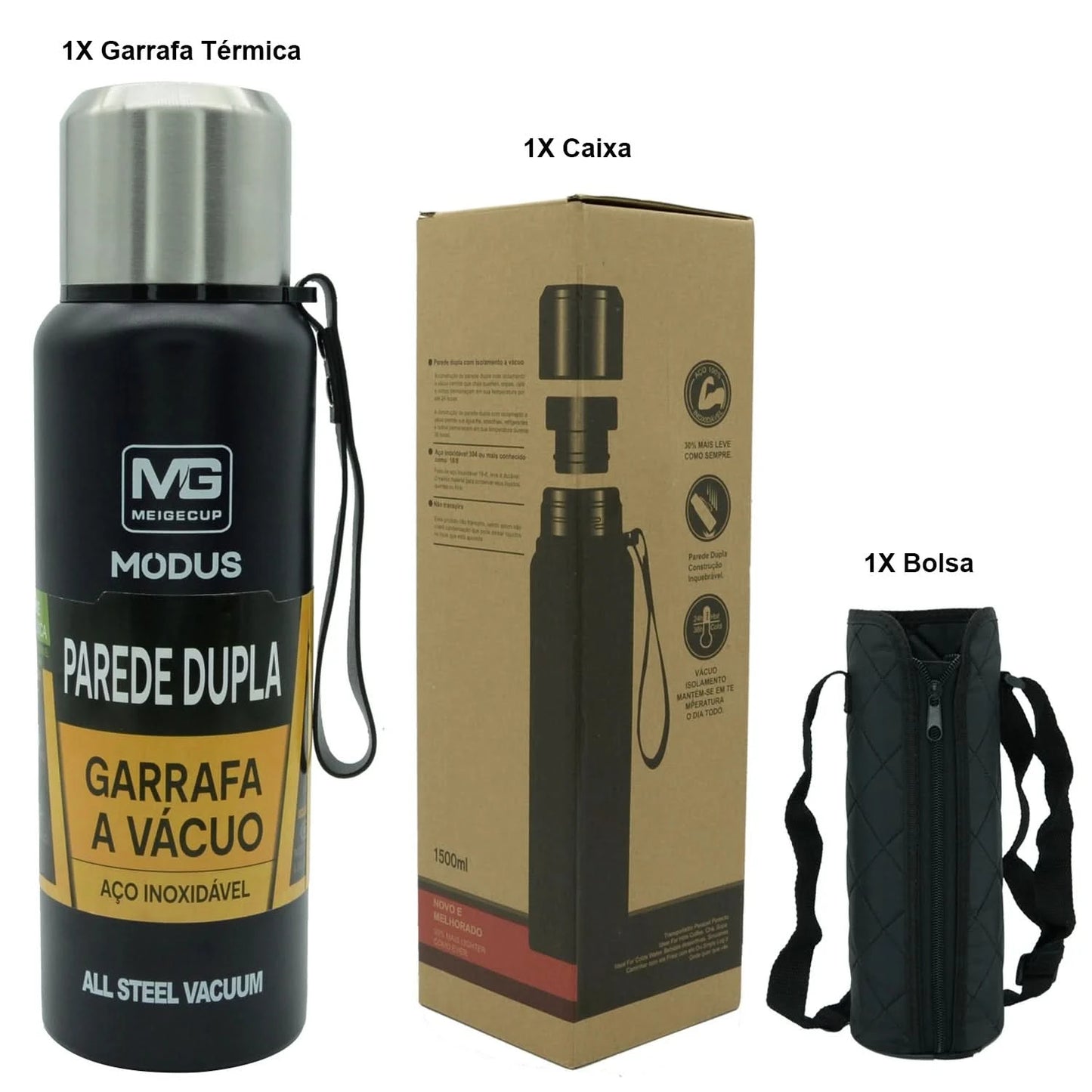 MODUS Garrafa térmica portátil de aço inoxidável, copo isolado a vácuo com corda, 1000, 1500ml