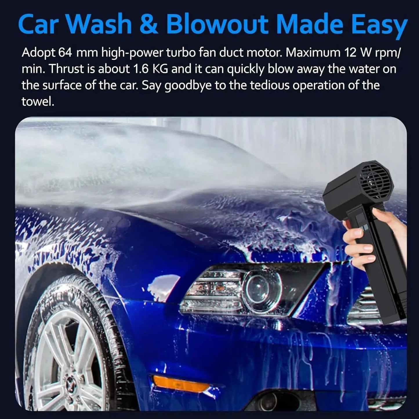 Booster Turbo Fan Car Dryer with LED Lighting, Powerful Air Blower, Brushless, Durable, High-Speed, Powerful, 4000mA, 1400G