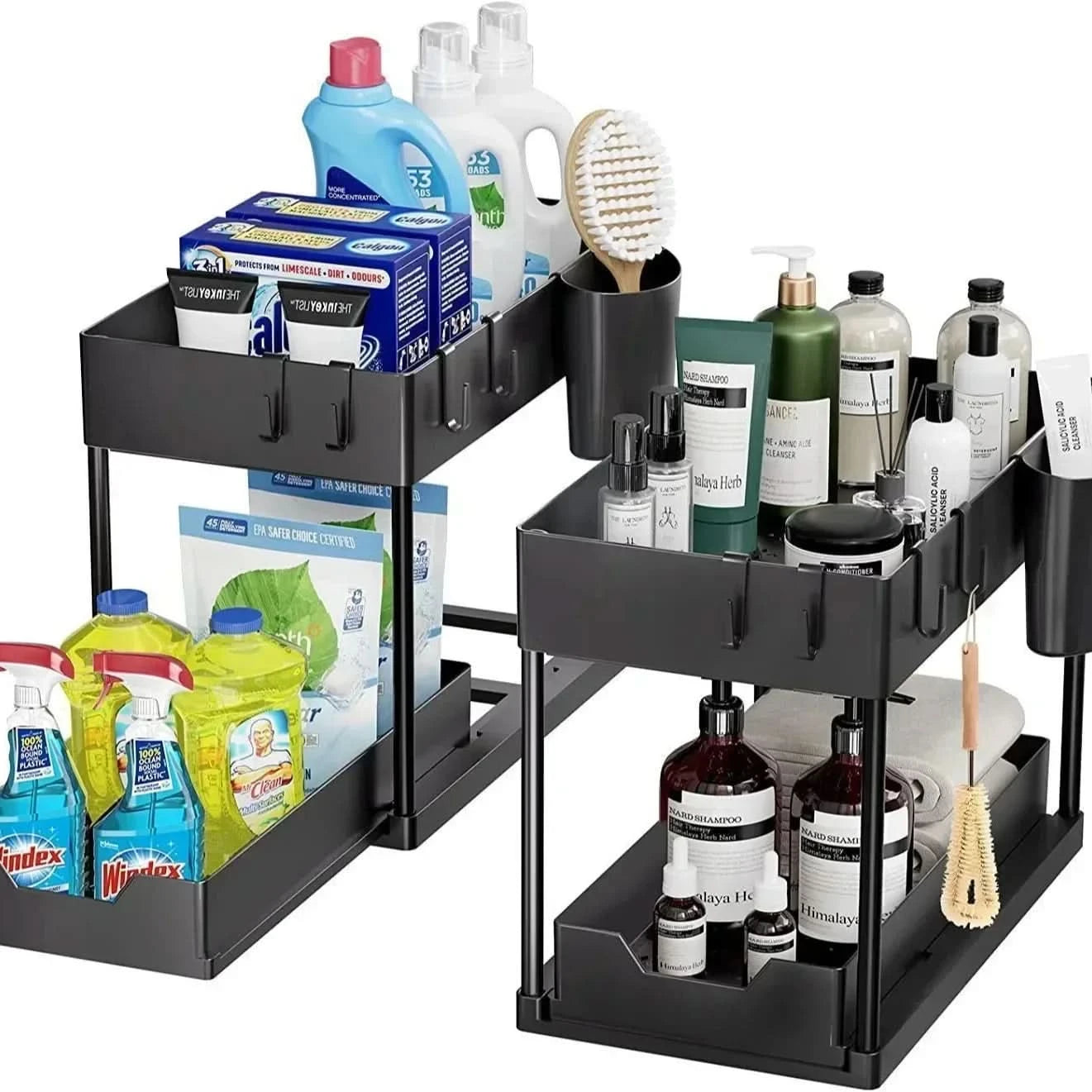 Two-level Pull-down Sink Shelving Sliding Cabinet Basket Shelving Storage Shelf Hanging Cup Bathroom Kitchen Shelving