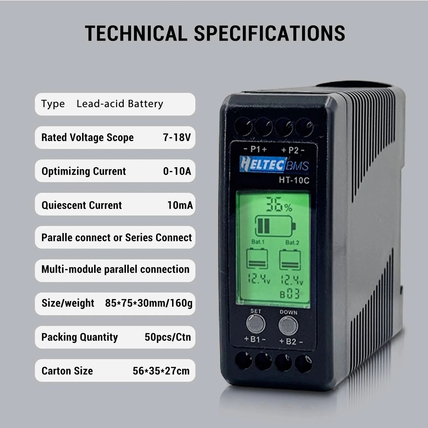 Heltec 12V Lead Acid Battery Equalizer 10A Active Balancer Lipo/Lifepo4 Connected in Parallel Series LCD Meter for 24/36/48V/96V