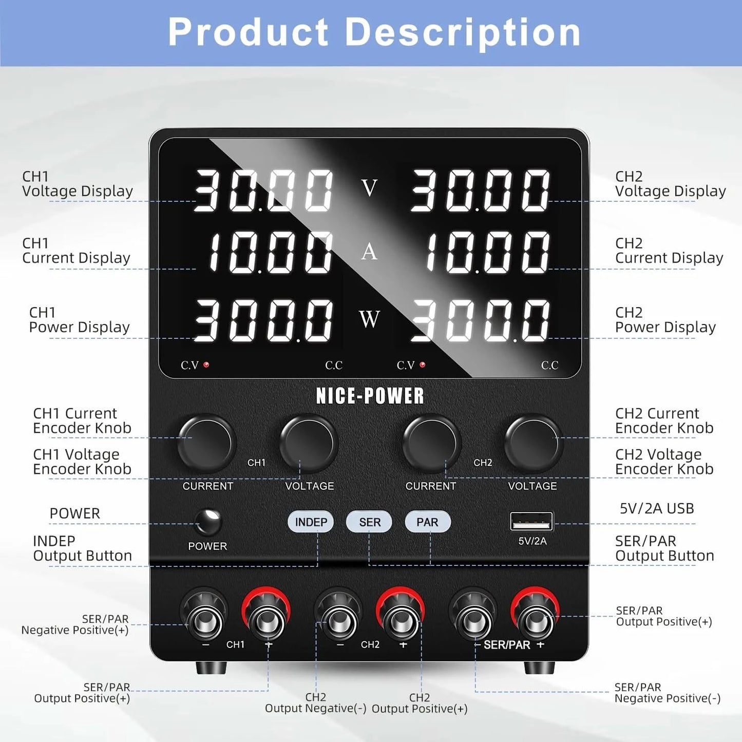 NICE-POWER 30V 10A Dual-Channel DC Lab Power Supply 60V 120V 240V Double Bench Power Source Positive & Negative Voltage Output