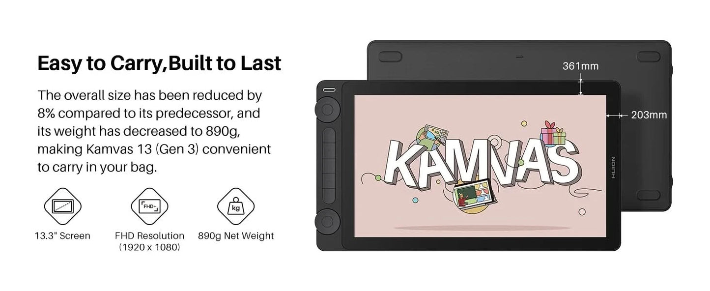 Huion Kamvas 13 Gen 3 Drawing Display 13.3" Art Tablet+Anti-sparkle Canvas Glass, 99% sRGB, PenTech 4.0 16384 Pen Pressure