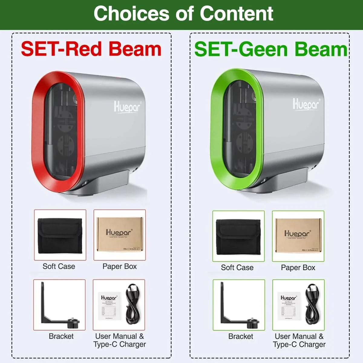 Huepar 2-Line Self-Leveling Laser Level, Green/Red Beam, Magnetic Base, Rechargeable Li-ion Battery, for Construction & DIY Tool