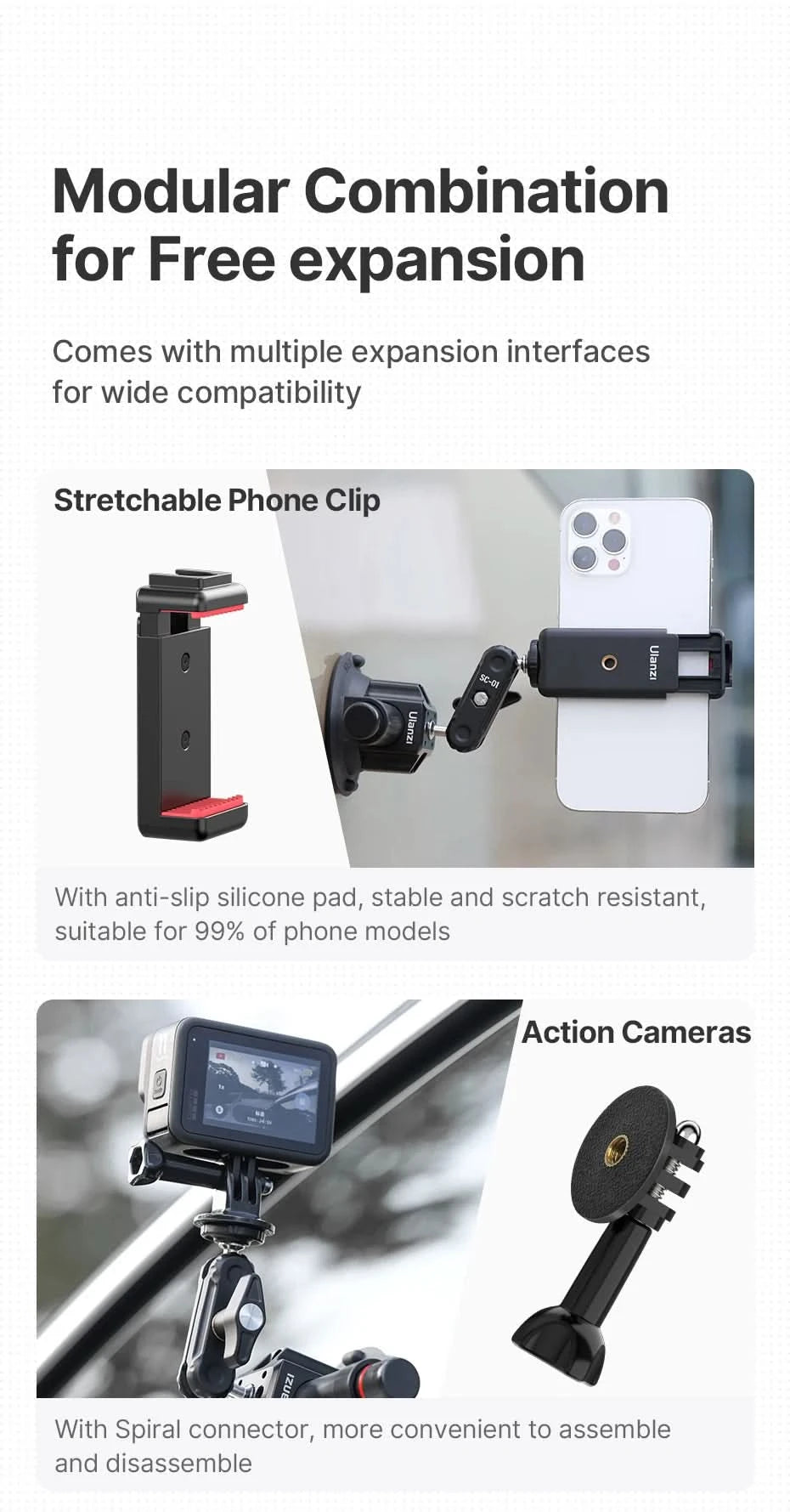Ulanzi Car Phone Action Camera Holder Hand Pump 360° Suction Cup Adjustable Professional For GoPro for Insta360 for DJI Action