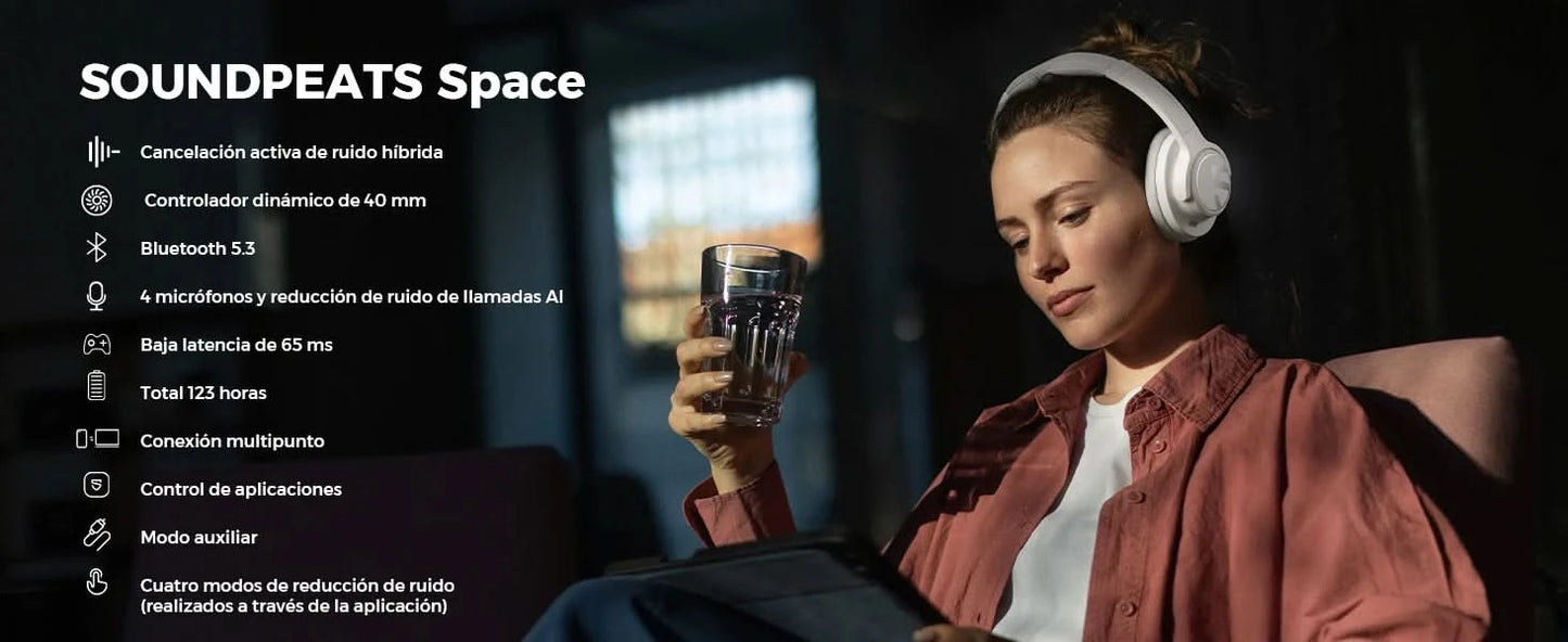 SoundPEATS Space Bluetooth Headphones Hybrid Active Noise Cancelling Wireless Headphone,123H Play,Mic,Multipoint Connection