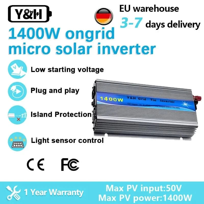 Y&H 1KW Inverter Plug And Play 1.4KW 1.3KW MPPT Solar Inverter Ongrid Tie 110V 220VAC Solar Micro Inverter Full Sine 24V/36V BAT