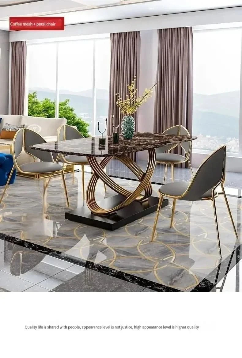 Modern Dining Table With Stainless Steel Finish Black White Desk Top For Six People Home Rectangle Luxury Marble Kitchen Table