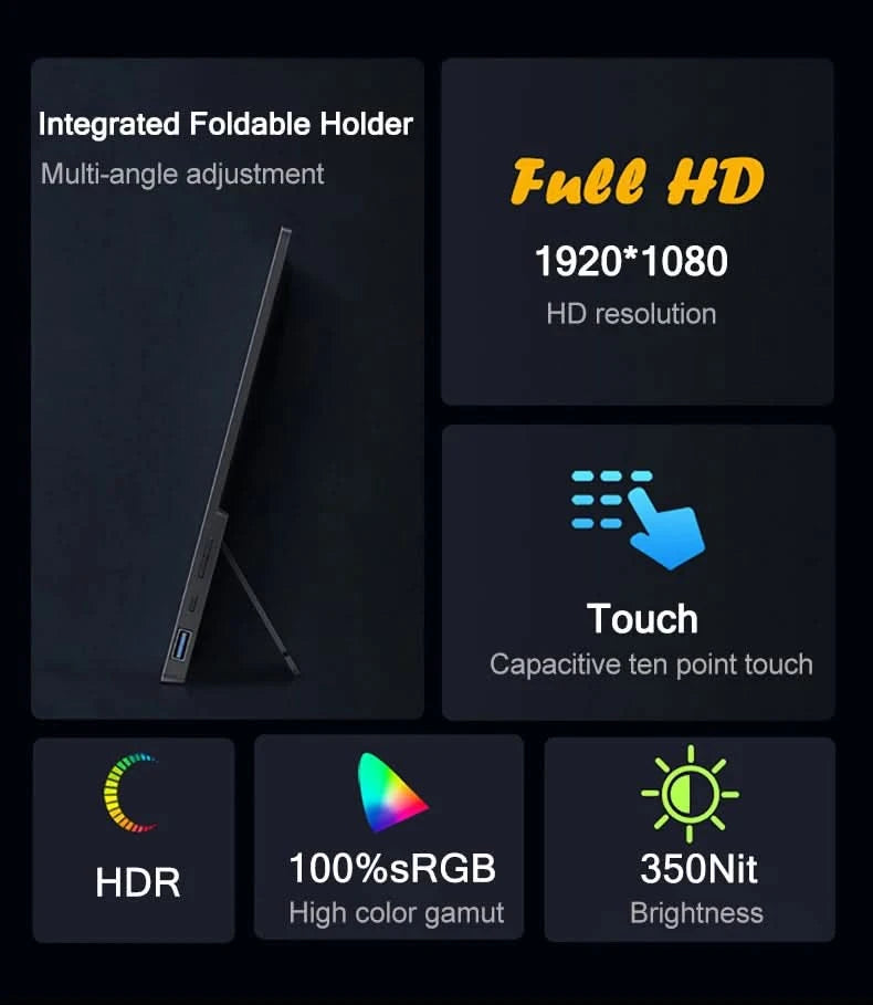 14/15.6 inch 1080p FHD Portable Monitor Touch Screen Dual Speakers HDR IPS 100%sRGB Gaming Display for Laptop Xbox PS4/5 Switch