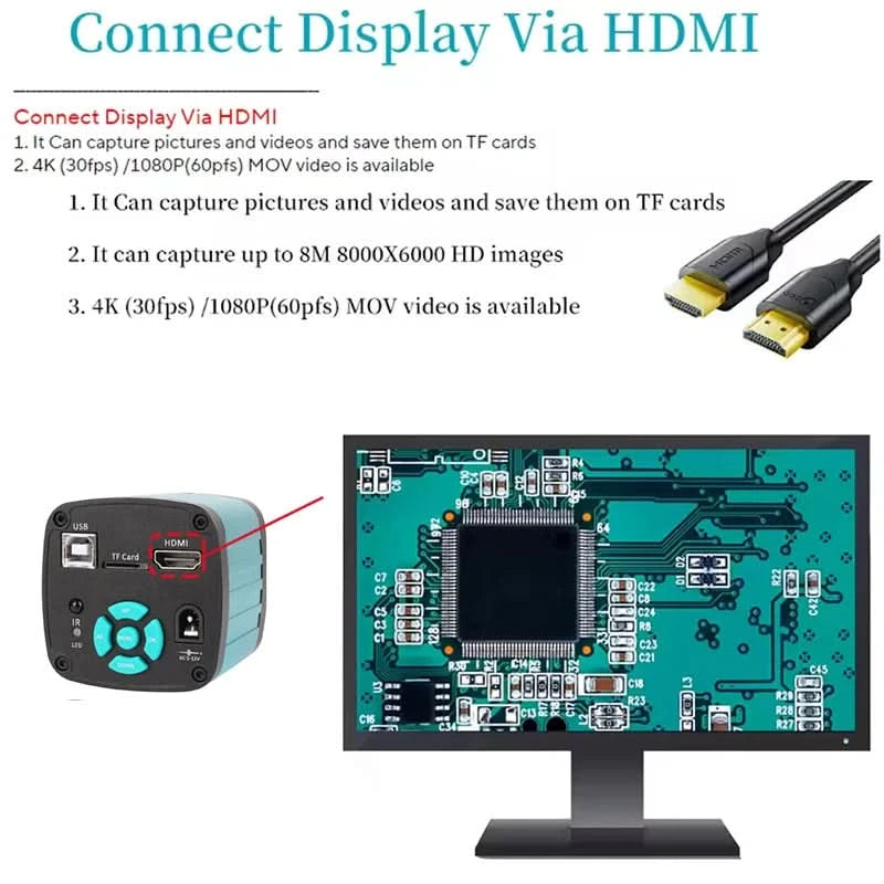1080P 4K HD Industriemikroskop Digitalkamera über USB-C Messung 215X/180X/130X C-Mount-Objektiv für PCB-Löten, ohne Basis