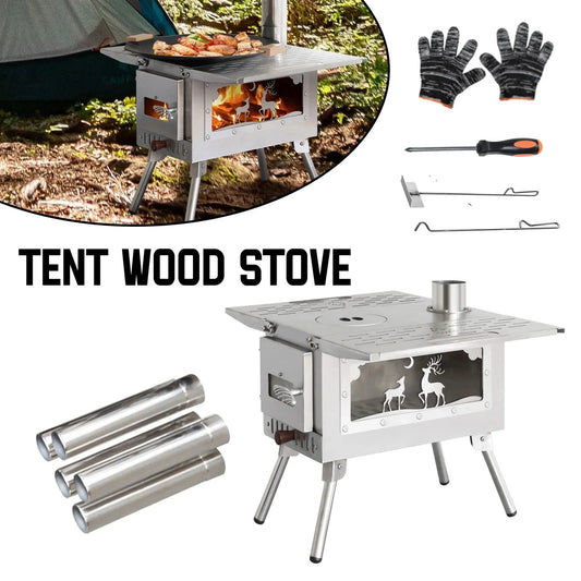Camping Wood Stove Fire View Side Glass Portable Folding Wood Burner with Chimney Stainless Steel Tent Heater for Ice Fishing