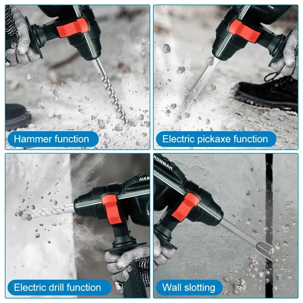 Kamolee 2000W 10600IPM Brushless Cordless Rotary Hammer Drill Rechargeable Electric Hammer Impact Drill