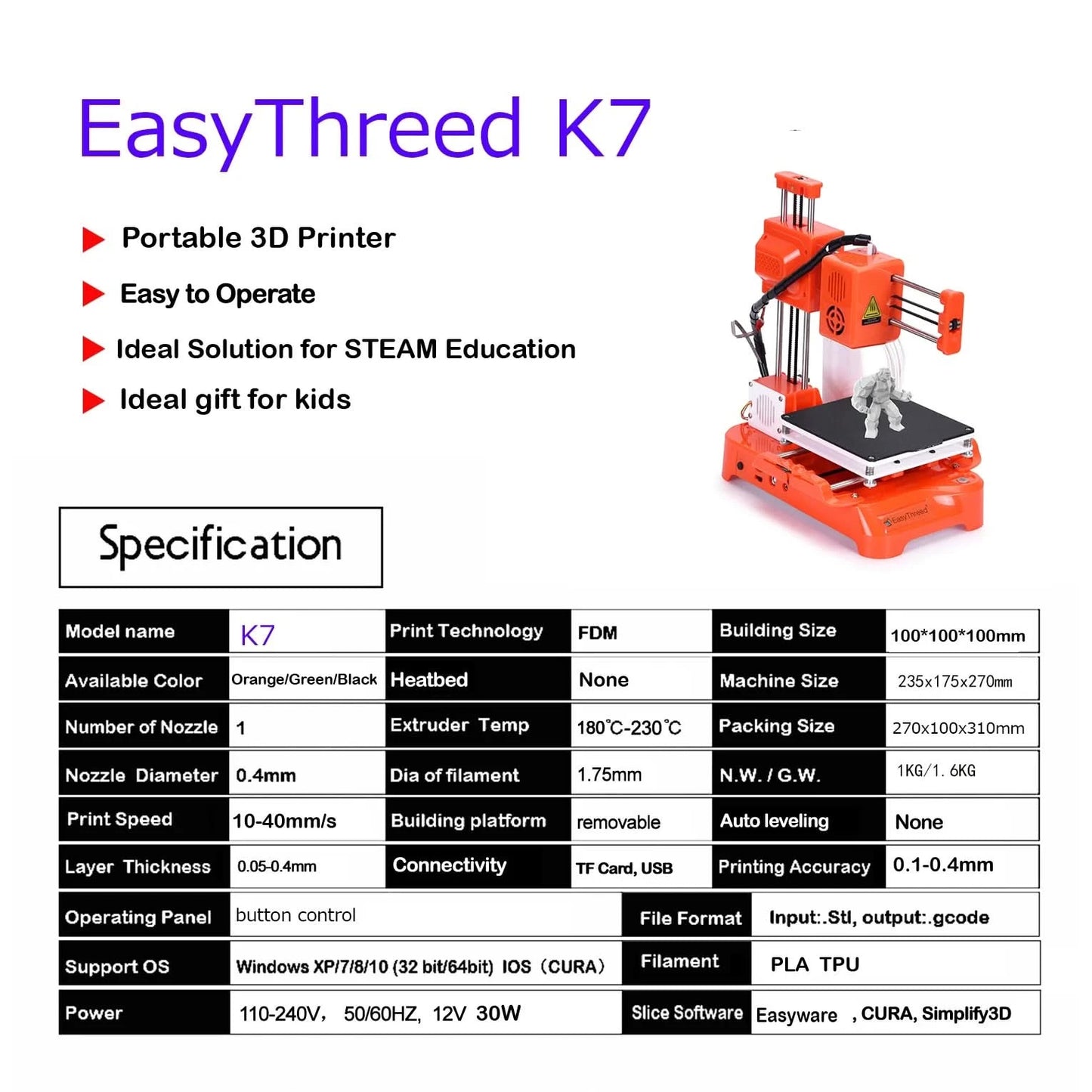 Easythreed Mini 3D Printer K9 Easy Use One-click Print Mainboard Magnetic Build Platform Desktop Printer K7 Beginner Kids Gift
