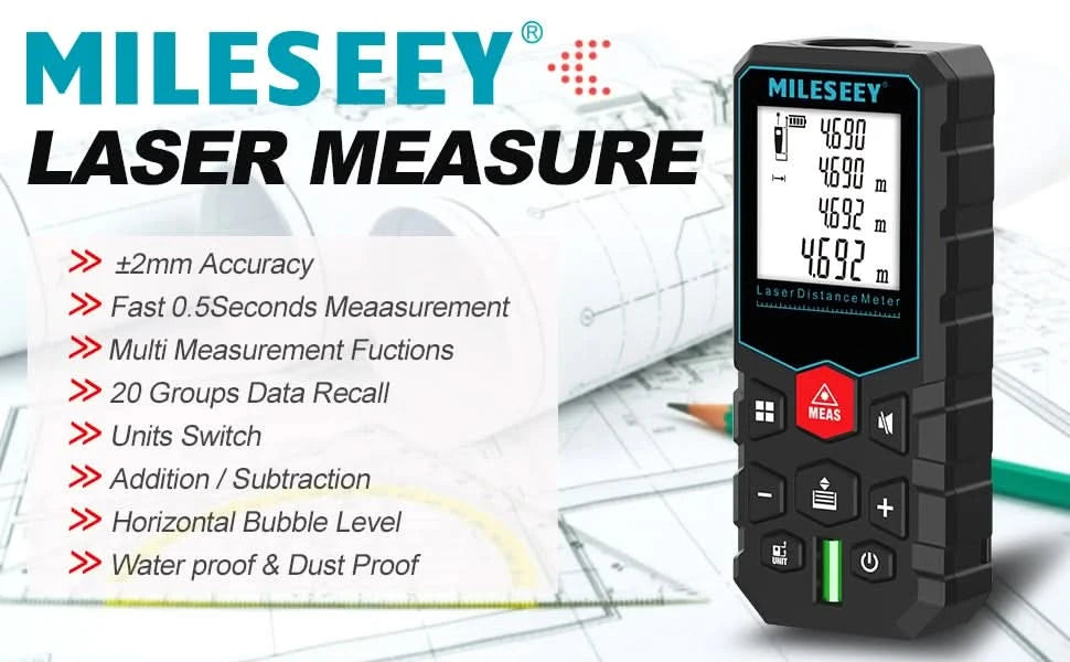 MILESEEY Laser Distance Meter X5 40M 60M 80M 100M High Precision Laser Tape Measure,Multiple Measurement Electronic Ruler