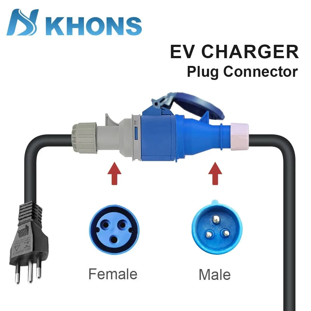 KHONS Electric Vehicle Charger Blue CEE 32A To Brazilian Plug 10A Adapter 32A 1Phase Female TO 10A Plug Connector