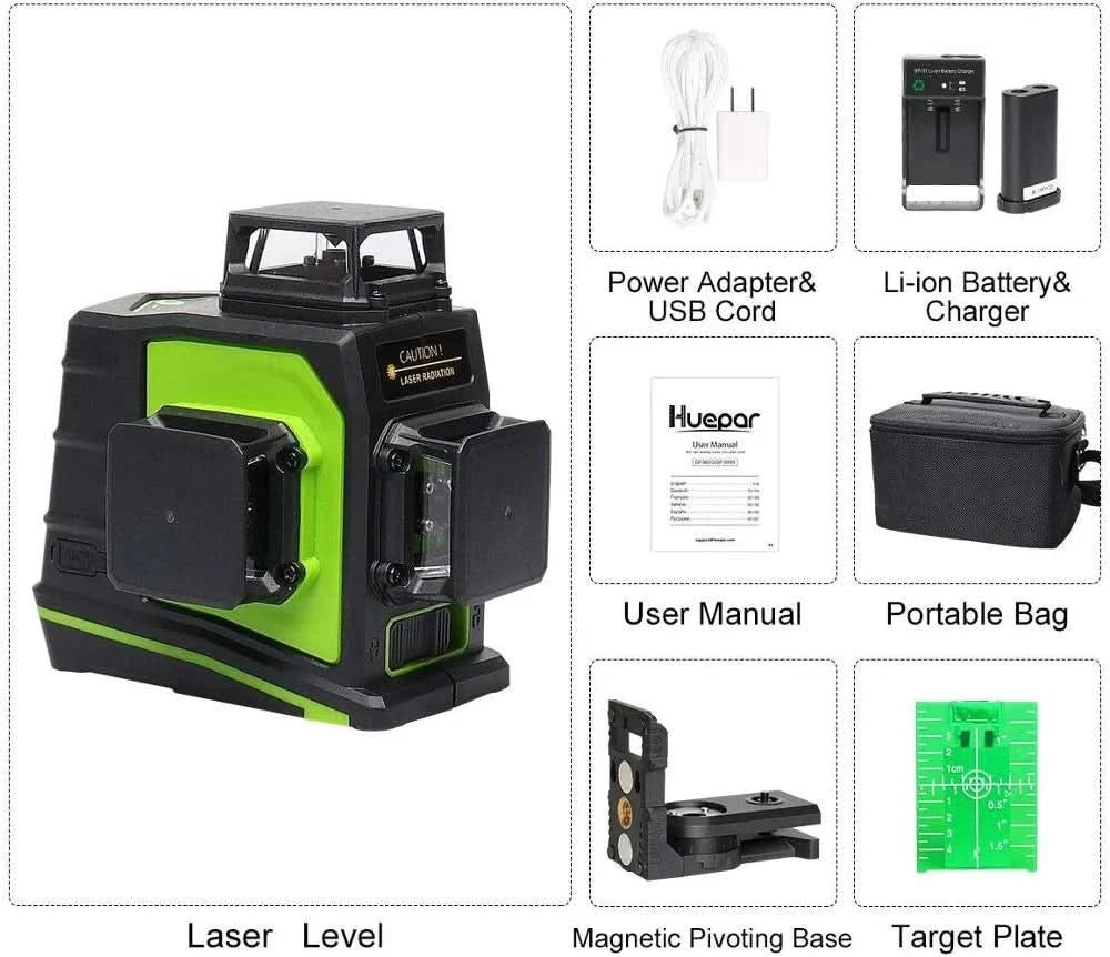 Huepar 12 Lines 3D Cross Line Laser Level Kit Osram Self-Leveling Green Beam 360° Vertical Horizontal With Laser Receiver Tripod