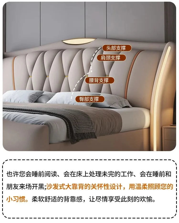 Home Leather bed with light modern minimalist lit 150x200 180x200 200x220 cm Double bed 2 people bedroom beds frames Furniture