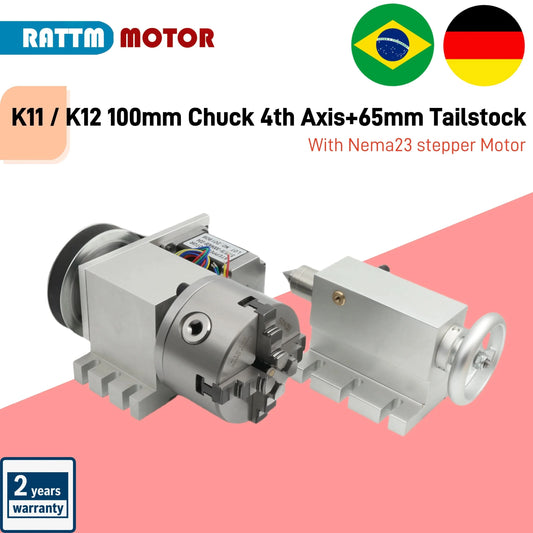 【EU&Brazil Stock】4 Axis Rotation A Axis Extend Rotary 4 Jaw 100mm K12-100 Chuck Nema23 Motor &Tailstock for Wood Metal Milling