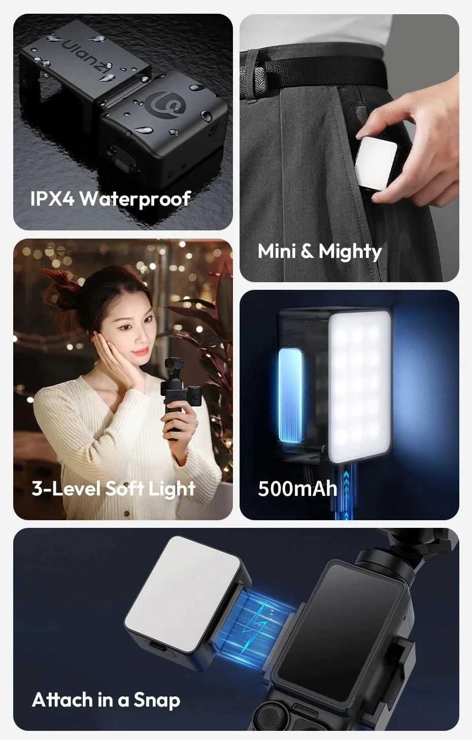 Ulanzi LM001 Pocket 3 Mini Light 3-Level Soft Light for DJI OSMO Pocket 3 for Photography Livestreaming Vlog LED Video Light