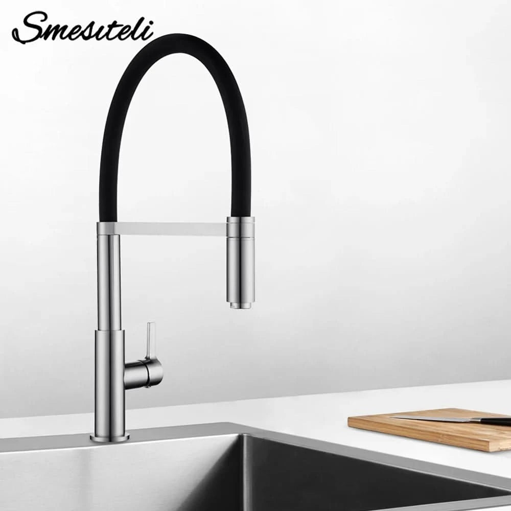 Smesiteli Kitchen Faucets Round Matte Black Brass Single Handle Single Hole 360 Degree Swivel Mixer Sink Tap Pull Out Down Taps