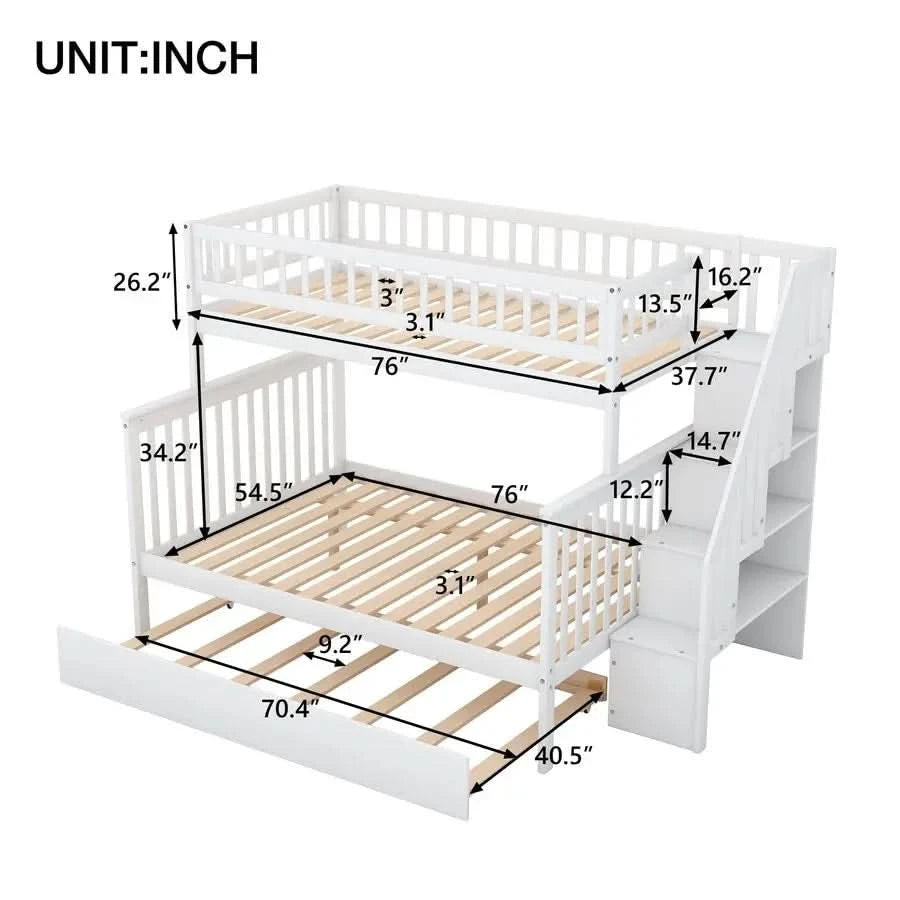Harper Bright Designs Twin Over Full Bunk Beds with Twin Size Trundle Stairway, Solid Wood Bunk Bed Twin Over Full Size with St