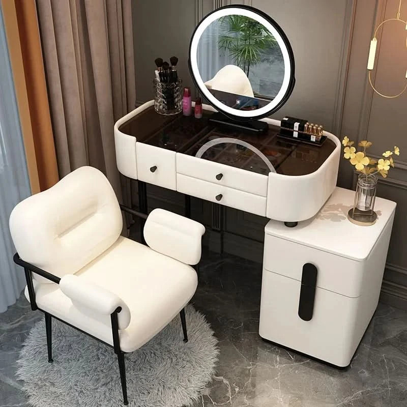 Luxury Jewelery Storage Dressing Table Glass Top Girls Unique Makeup Mirror Beauty Dressing Table Light White Muebles Decoration