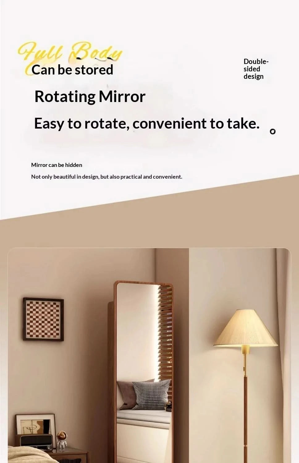 Full Length Floor Mirror Rotating Wooden Frame Bookshelf Full Body Standing Mirror Bedroom Living Room Large Luxury No Warping