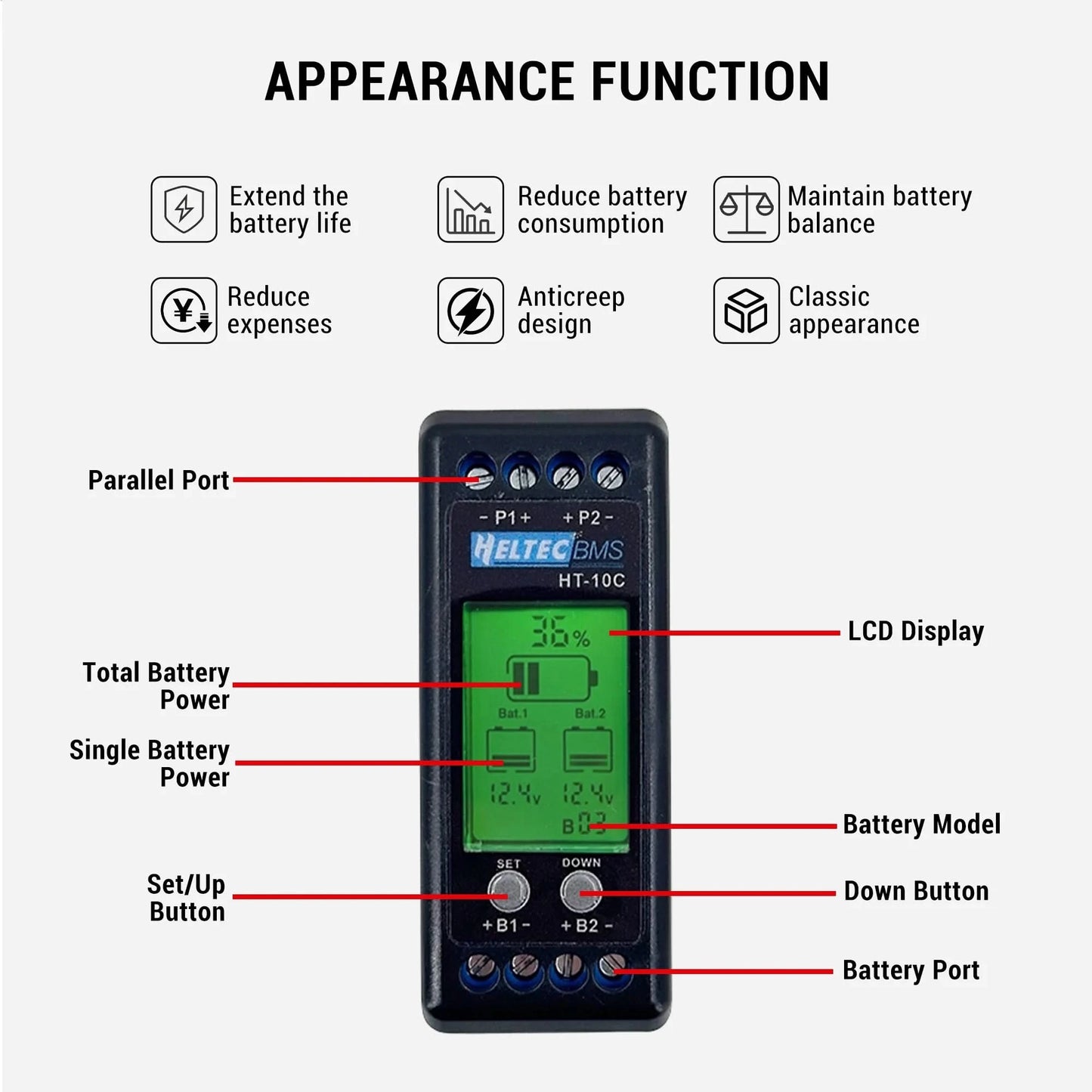 Heltec 12V Lead Acid Battery Equalizer 10A Active Balancer Lipo/Lifepo4 Connected in Parallel Series LCD Meter for 24/36/48V/96V