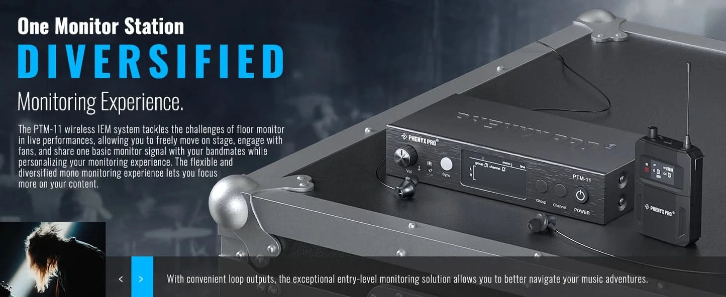 UHF Mono Wireless In-Ear Monitor System w/1 Loop Output,Separate Outputs Suitable for Band and Studio Phenyx Pro PTM-11