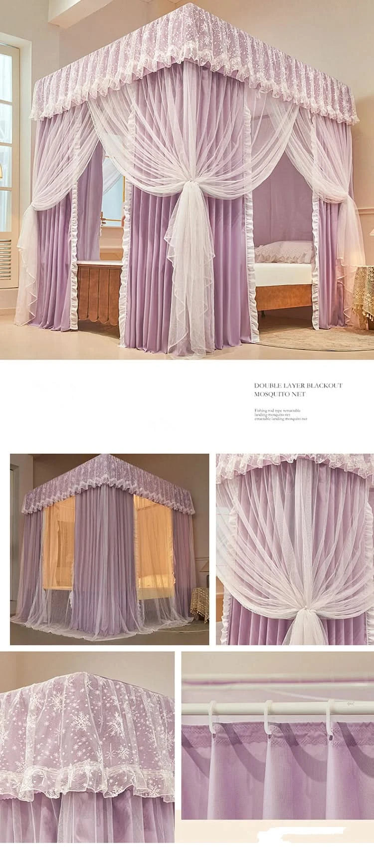 Four Season Bed Curtain Canopy for Girl Room Palace Mosquito Net with Frame Romantic Shading Three-door Bedcover Decor
