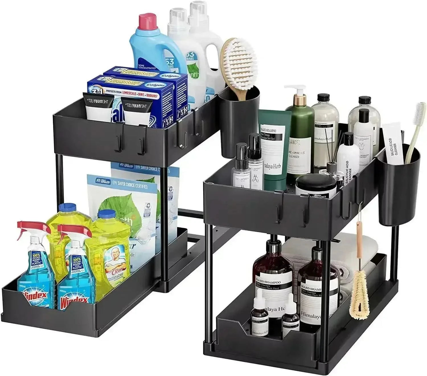 Two-level Pull-down Sink Shelving Sliding Cabinet Basket Shelving Storage Shelf Hanging Cup Bathroom Kitchen Shelving