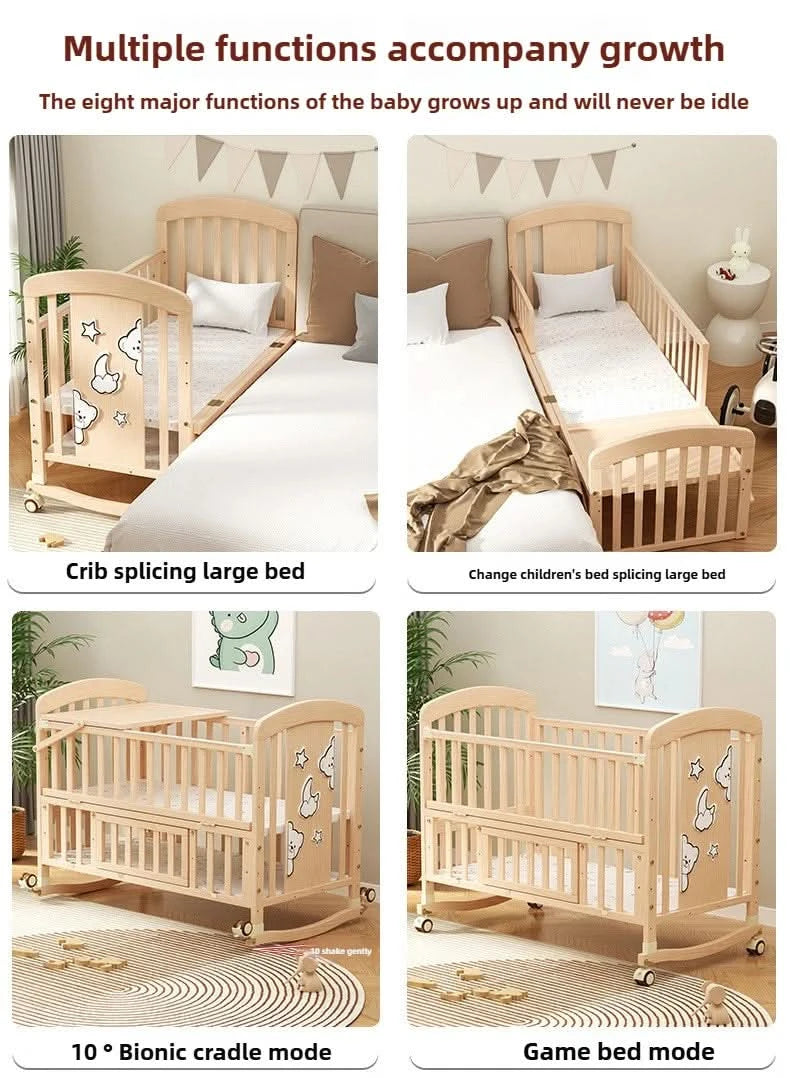 Baby Comfortable Sleeping Bed Solid Wood Newborn Baby Bed Multifunctional Baby Rocking Bed with Wheels and mosquito net