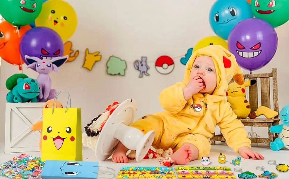 Pokemon Birthday Party Favors for Kids,110pcs Pokemon Party Supplies-Pikachu Goodie Bag Badges Sticker etc Pokemon Party Favors