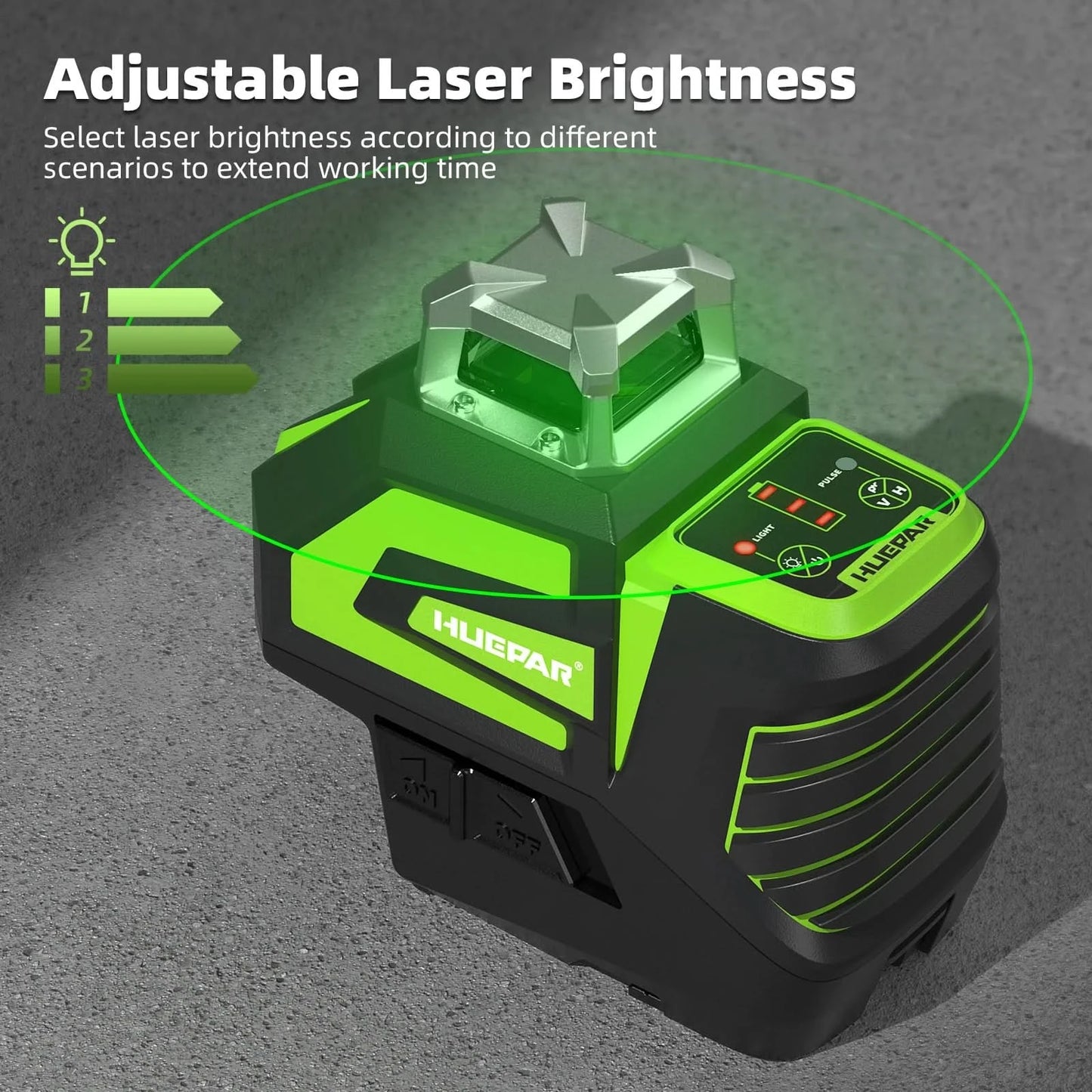 Huepar 7211CG Green Laser Level Self-Leveling Cross Line 2 Plumb Dots Li-ion Battery 360° Horizontal Line Fan Angle Laser Tool