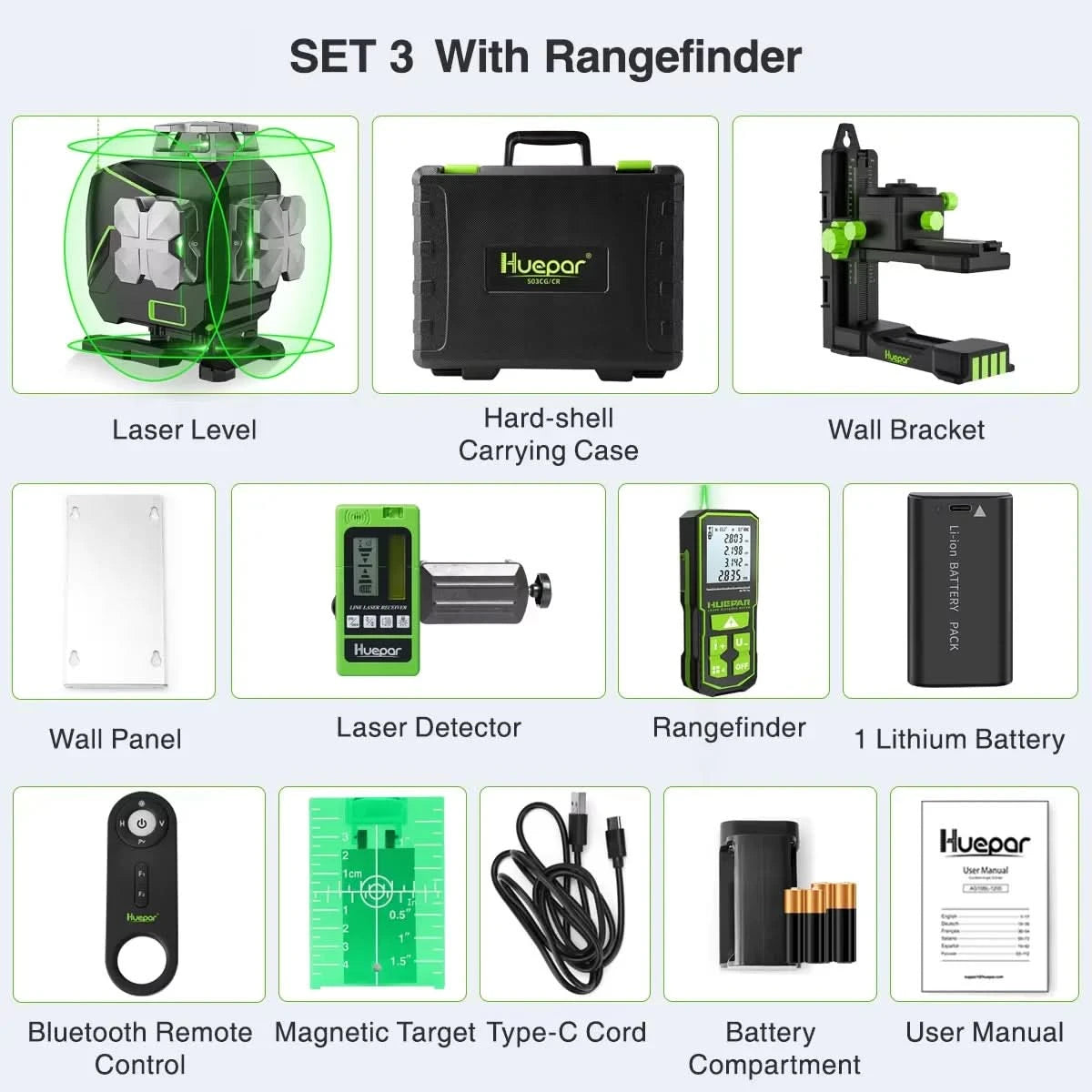 Huepar 4D 16 Lines Laser Level Self Leveling 4x360°Cross Line LCD Screen Bluetooth Remote Green Beam Tiling Floor with Receiver