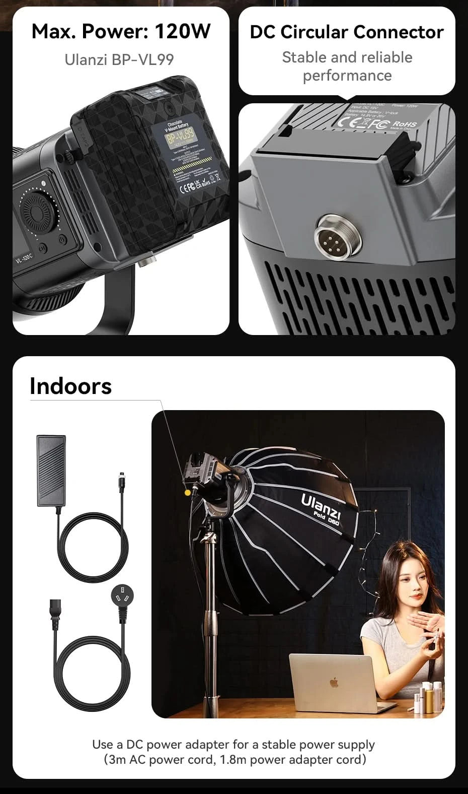 Ulanzi VL-120Bi VL-120C 120W V-Mount Video Light with Wireless Control CRI 95+ 2700K-6500K COB Lamp Indoor Outdoor Photography
