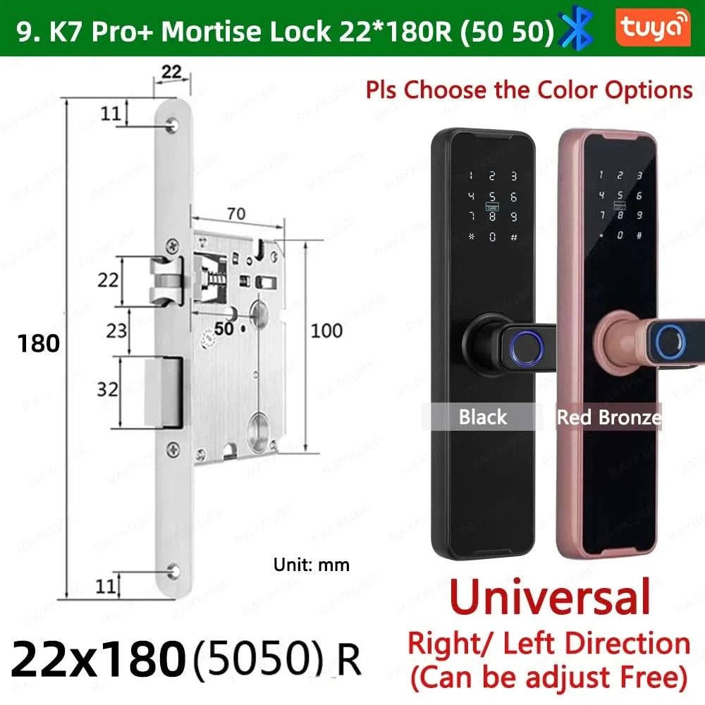 Do Brasil RAYKUBE Black K7 Pro+ Tuya Bluetooth Biometric Fingerprint Door Lock Smart Digital Lock Tuya App Unlock Keyless Lock