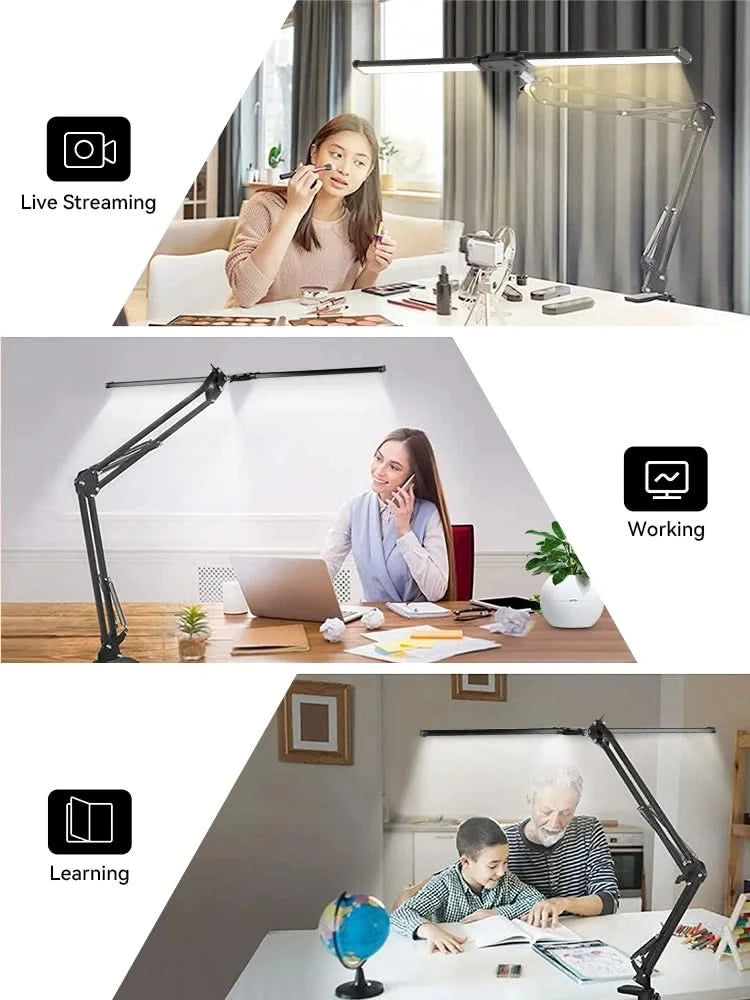 Clip Table Lamp Led Monitor Light Stand USB 3 Color Modes and 10 Dimmable Reading Lights for Study Office Double Head Desk Lamp