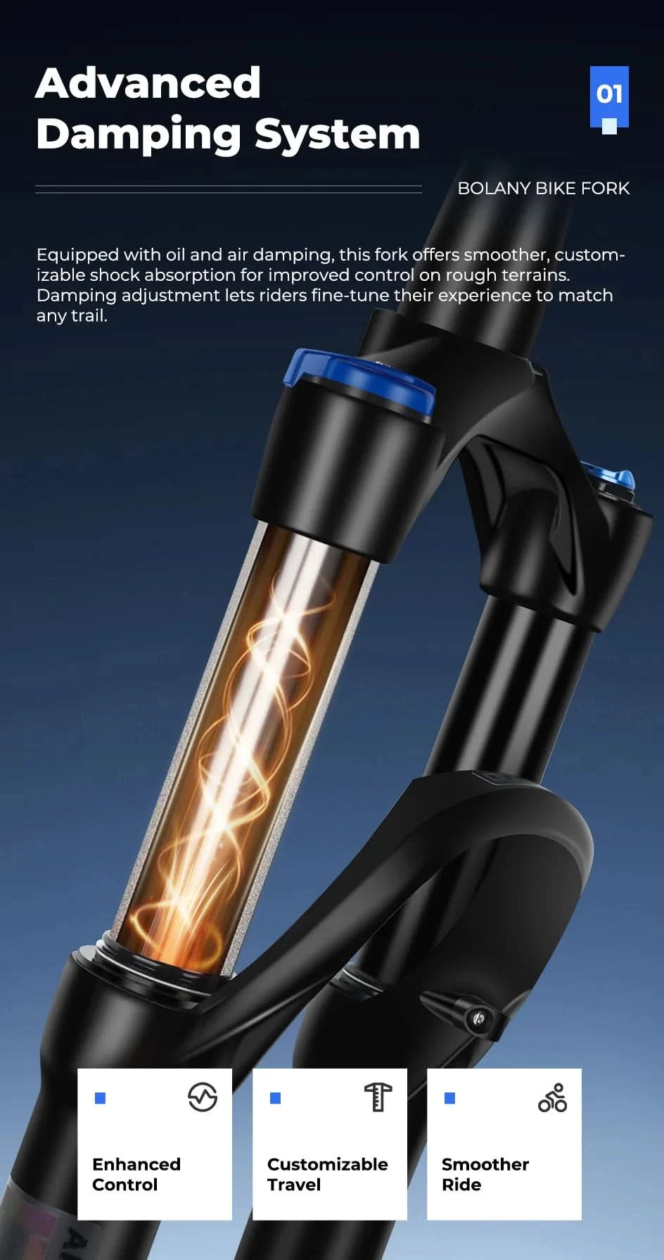 BOLANY 27.5/29inch Boost Bicycle Fork Thru Axle 100/110mm 34mm Tube Tapered Rebound Adjustment 120/140mm Travel Suspension Fork