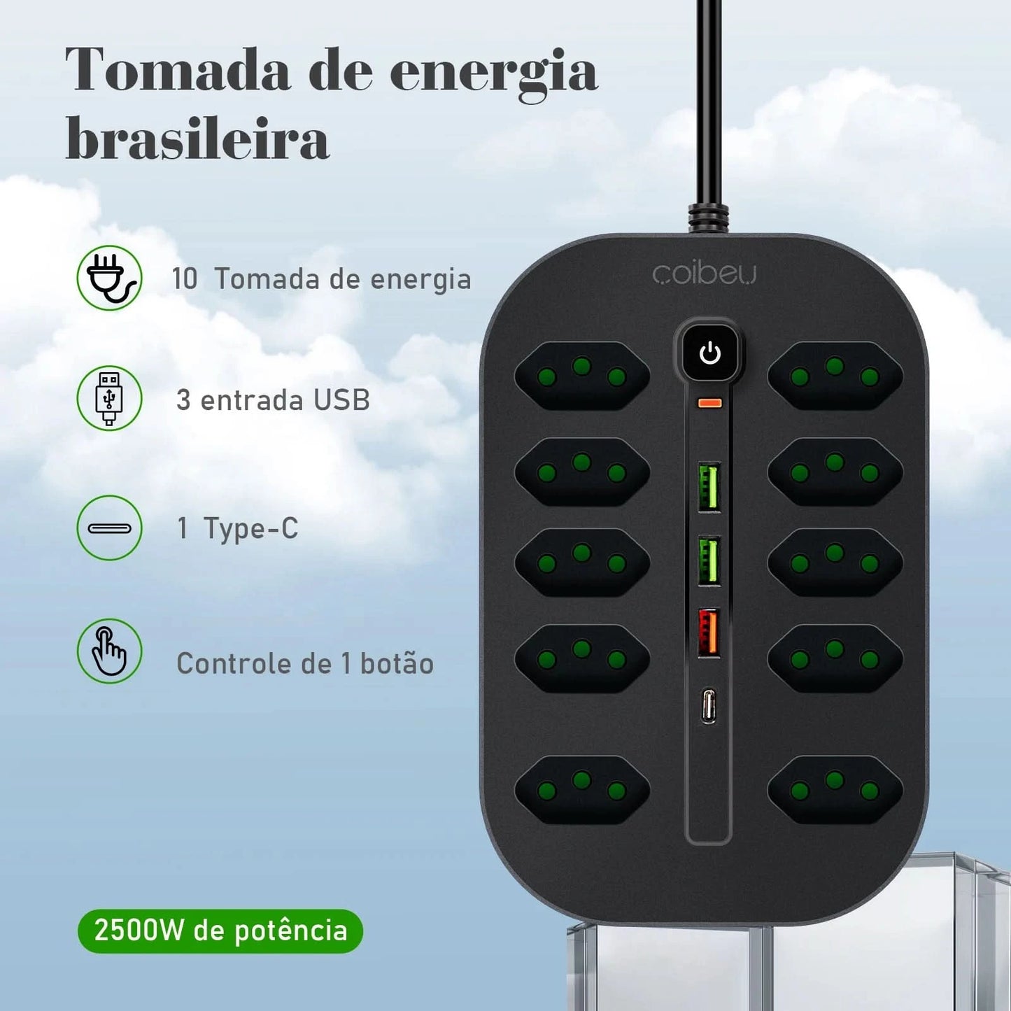 Verlängerungssteckdose, Steckdosenleiste, USB-Steckdose, Überspannungsschutz, Mehrfachsteckdose, 10A, 110-220V